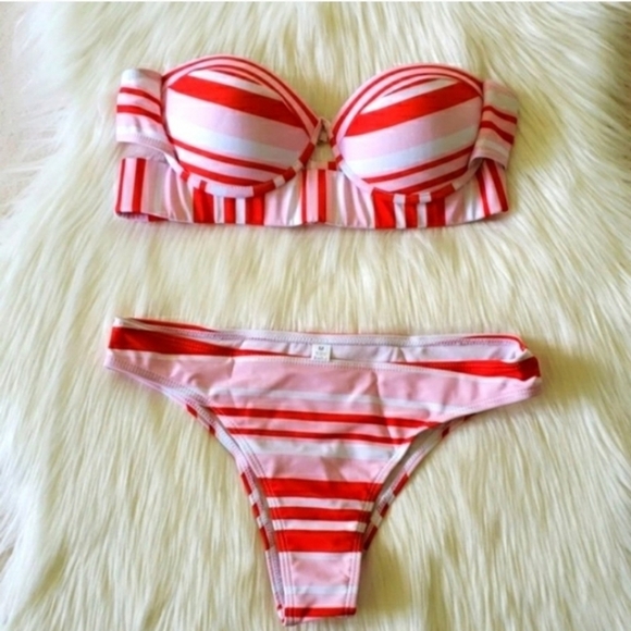 New Pink Striped Push Up Underwire Top Bikini Set Swimsuit Size S - Picture 4 of 6